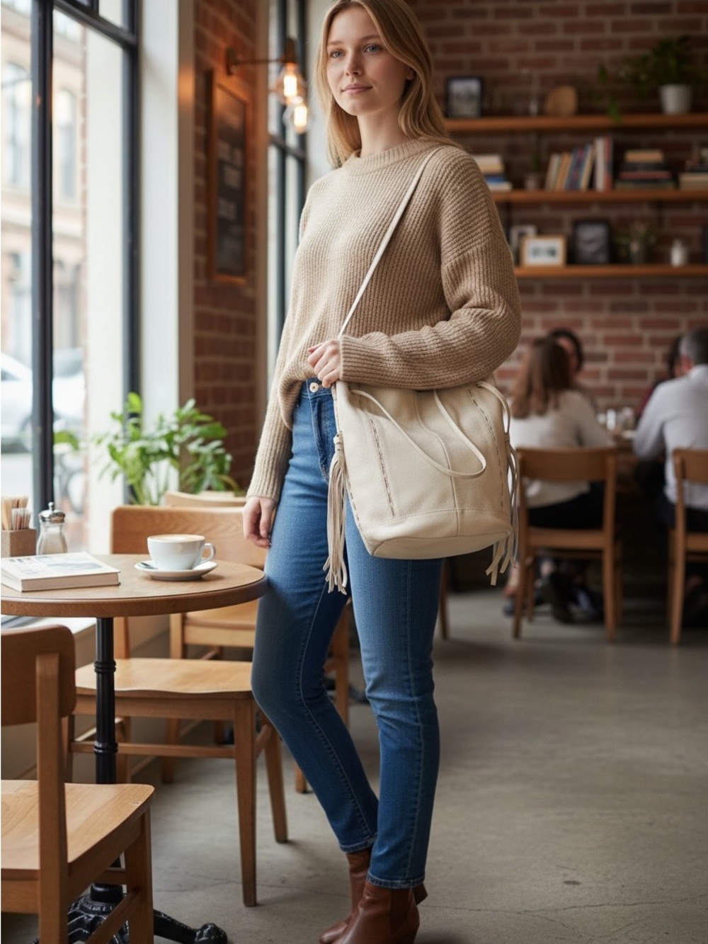 NWT Kelsi dagger Cream Fringe Leather Shoulder Bag - Women's Crossbody Tote